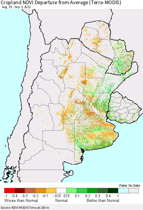 Southern South America Cropland NDVI Departure from Average (Terra-MODIS) Thematic Map For 8/29/2022 - 9/5/2022