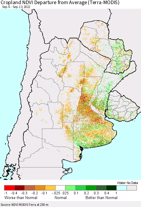 Southern South America Cropland NDVI Departure from Average (Terra-MODIS) Thematic Map For 9/6/2022 - 9/13/2022