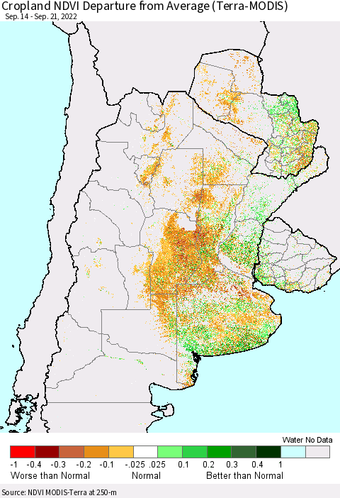 Southern South America Cropland NDVI Departure from Average (Terra-MODIS) Thematic Map For 9/14/2022 - 9/21/2022