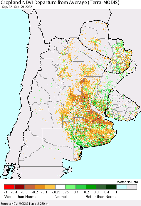 Southern South America Cropland NDVI Departure from Average (Terra-MODIS) Thematic Map For 9/22/2022 - 9/29/2022