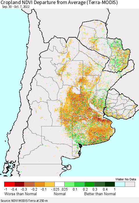 Southern South America Cropland NDVI Departure from Average (Terra-MODIS) Thematic Map For 9/30/2022 - 10/7/2022