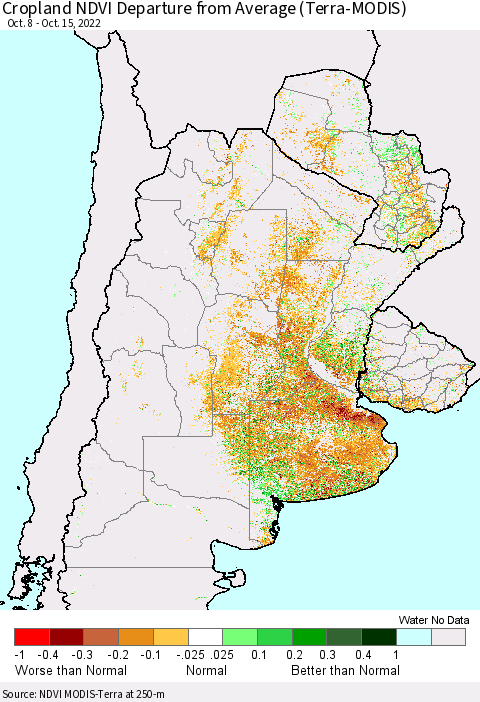 Southern South America Cropland NDVI Departure from Average (Terra-MODIS) Thematic Map For 10/8/2022 - 10/15/2022