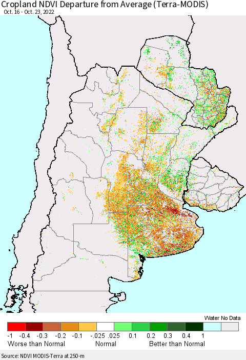 Southern South America Cropland NDVI Departure from Average (Terra-MODIS) Thematic Map For 10/16/2022 - 10/23/2022