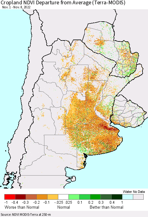 Southern South America Cropland NDVI Departure from Average (Terra-MODIS) Thematic Map For 11/1/2022 - 11/8/2022