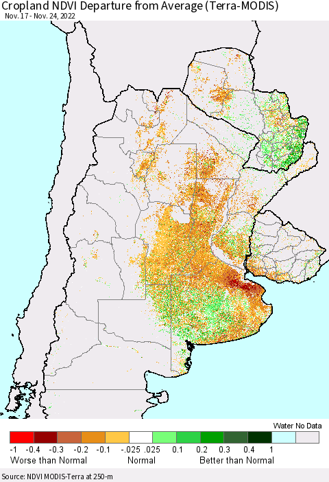 Southern South America Cropland NDVI Departure from Average (Terra-MODIS) Thematic Map For 11/17/2022 - 11/24/2022