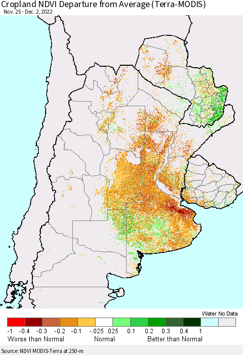 Southern South America Cropland NDVI Departure from Average (Terra-MODIS) Thematic Map For 11/25/2022 - 12/2/2022