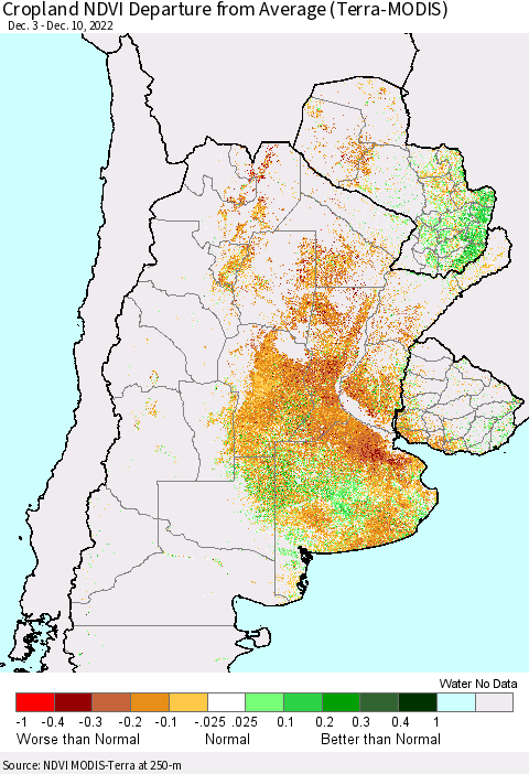 Southern South America Cropland NDVI Departure from Average (Terra-MODIS) Thematic Map For 12/3/2022 - 12/10/2022