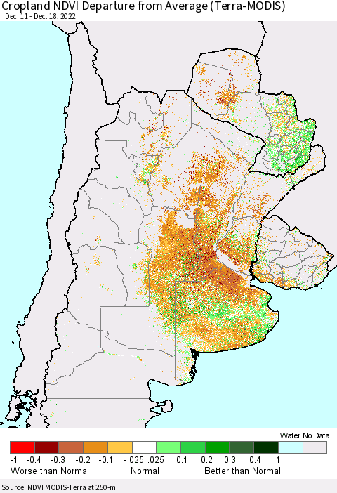 Southern South America Cropland NDVI Departure from Average (Terra-MODIS) Thematic Map For 12/11/2022 - 12/18/2022