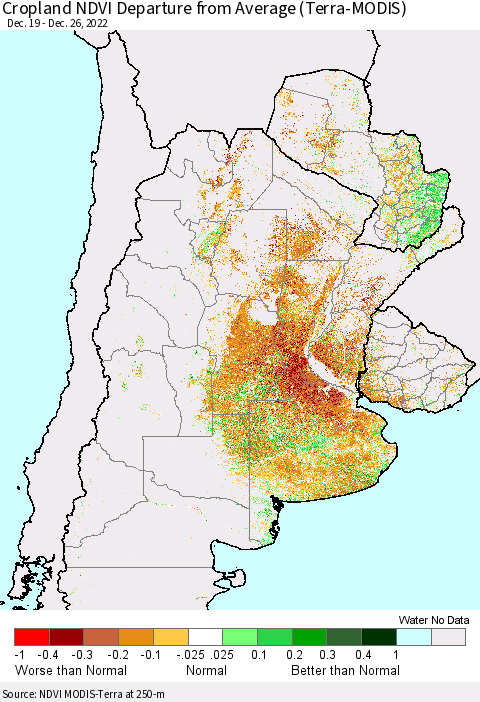 Southern South America Cropland NDVI Departure from Average (Terra-MODIS) Thematic Map For 12/19/2022 - 12/26/2022