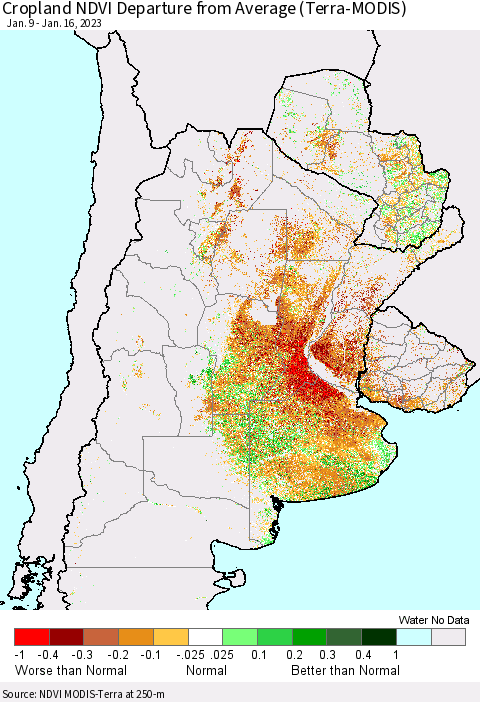 Southern South America Cropland NDVI Departure from Average (Terra-MODIS) Thematic Map For 1/9/2023 - 1/16/2023