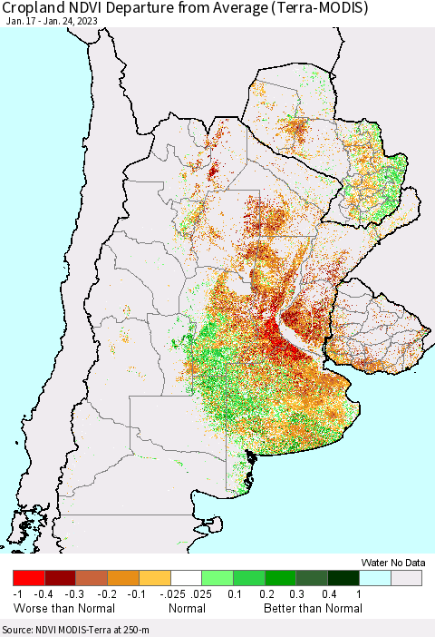 Southern South America Cropland NDVI Departure from Average (Terra-MODIS) Thematic Map For 1/17/2023 - 1/24/2023