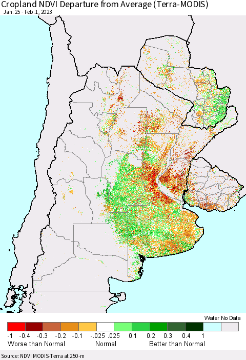 Southern South America Cropland NDVI Departure from Average (Terra-MODIS) Thematic Map For 1/25/2023 - 2/1/2023