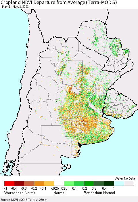 Southern South America Cropland NDVI Departure from Average (Terra-MODIS) Thematic Map For 5/1/2023 - 5/8/2023