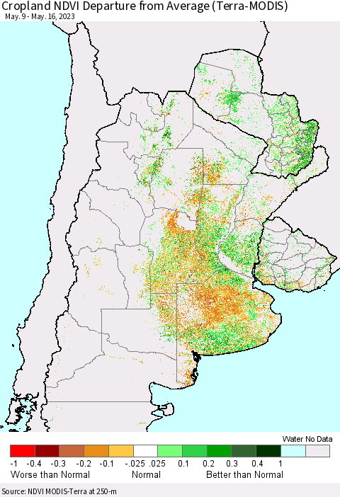 Southern South America Cropland NDVI Departure from Average (Terra-MODIS) Thematic Map For 5/9/2023 - 5/16/2023