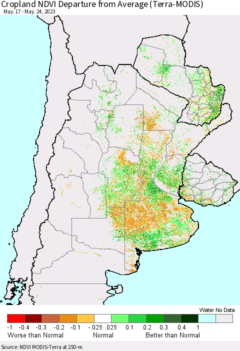 Southern South America Cropland NDVI Departure from Average (Terra-MODIS) Thematic Map For 5/17/2023 - 5/24/2023