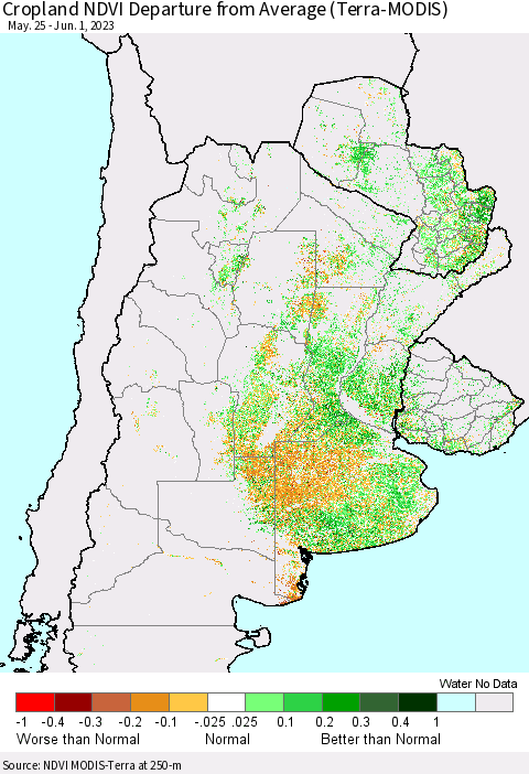 Southern South America Cropland NDVI Departure from Average (Terra-MODIS) Thematic Map For 5/25/2023 - 6/1/2023
