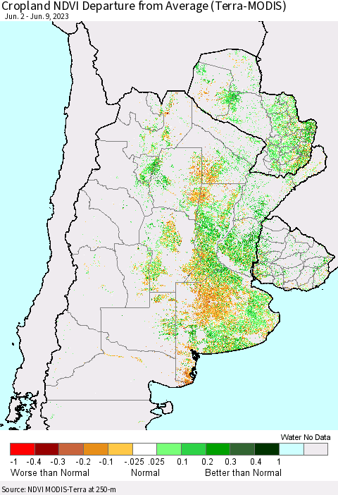 Southern South America Cropland NDVI Departure from Average (Terra-MODIS) Thematic Map For 6/2/2023 - 6/9/2023