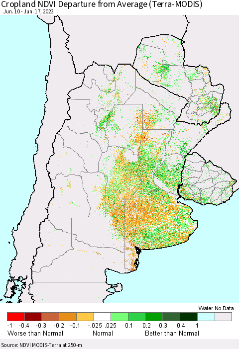 Southern South America Cropland NDVI Departure from Average (Terra-MODIS) Thematic Map For 6/10/2023 - 6/17/2023