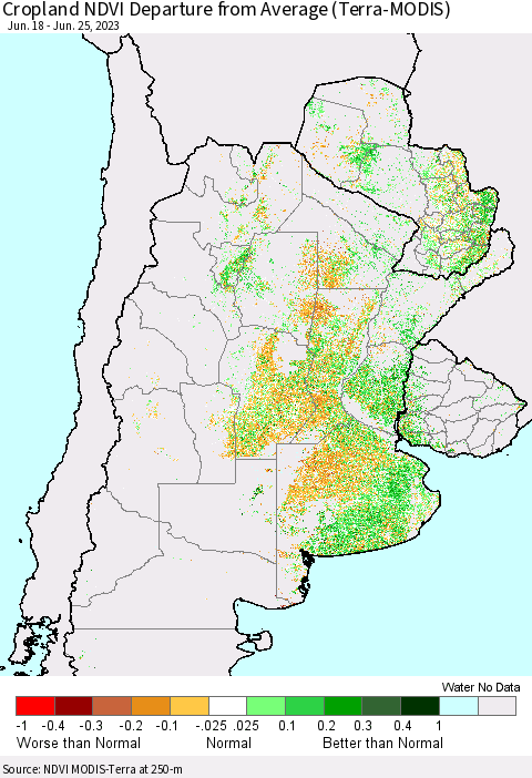 Southern South America Cropland NDVI Departure from Average (Terra-MODIS) Thematic Map For 6/18/2023 - 6/25/2023