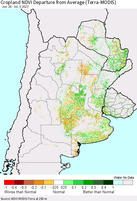 Southern South America Cropland NDVI Departure from Average (Terra-MODIS) Thematic Map For 6/26/2023 - 7/3/2023
