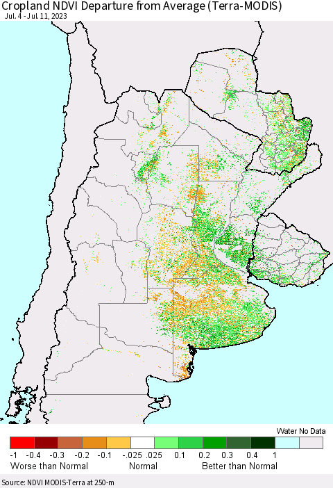 Southern South America Cropland NDVI Departure from Average (Terra-MODIS) Thematic Map For 7/4/2023 - 7/11/2023