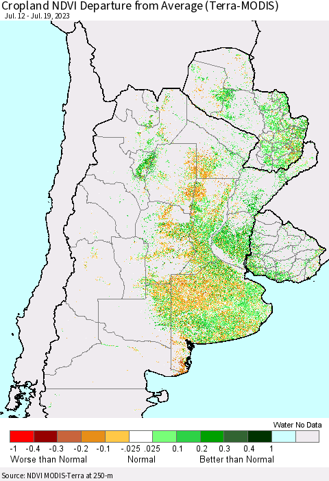 Southern South America Cropland NDVI Departure from Average (Terra-MODIS) Thematic Map For 7/12/2023 - 7/19/2023