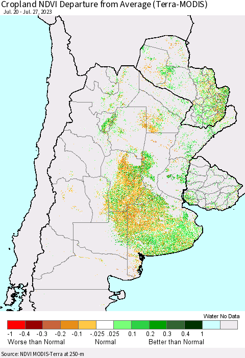 Southern South America Cropland NDVI Departure from Average (Terra-MODIS) Thematic Map For 7/20/2023 - 7/27/2023
