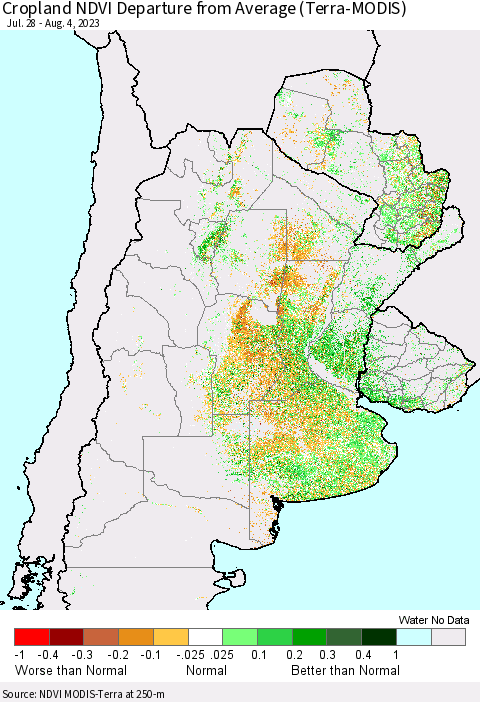 Southern South America Cropland NDVI Departure from Average (Terra-MODIS) Thematic Map For 7/28/2023 - 8/4/2023