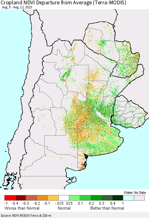 Southern South America Cropland NDVI Departure from Average (Terra-MODIS) Thematic Map For 8/5/2023 - 8/12/2023
