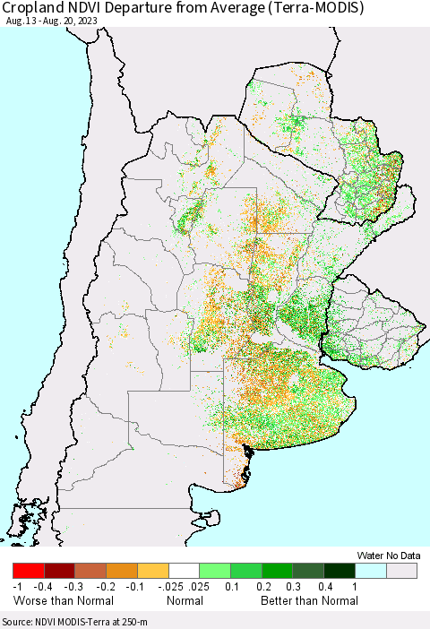 Southern South America Cropland NDVI Departure from Average (Terra-MODIS) Thematic Map For 8/13/2023 - 8/20/2023