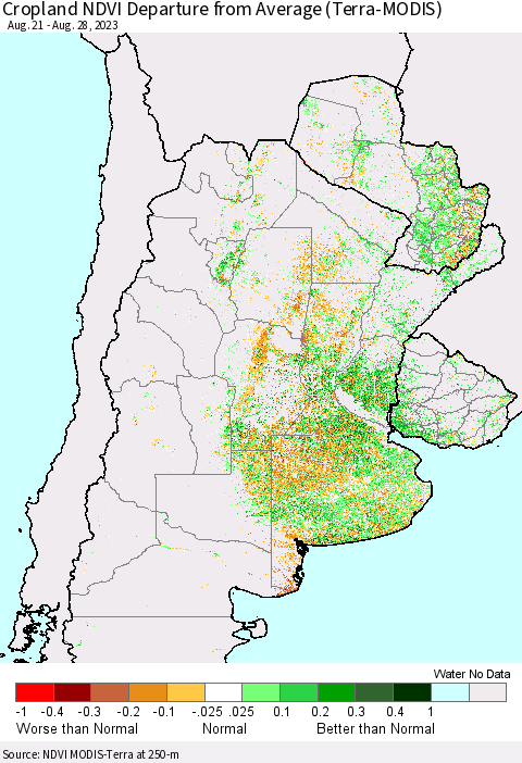Southern South America Cropland NDVI Departure from Average (Terra-MODIS) Thematic Map For 8/21/2023 - 8/28/2023
