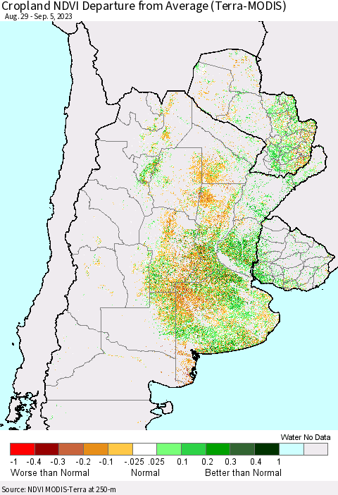 Southern South America Cropland NDVI Departure from Average (Terra-MODIS) Thematic Map For 8/29/2023 - 9/5/2023