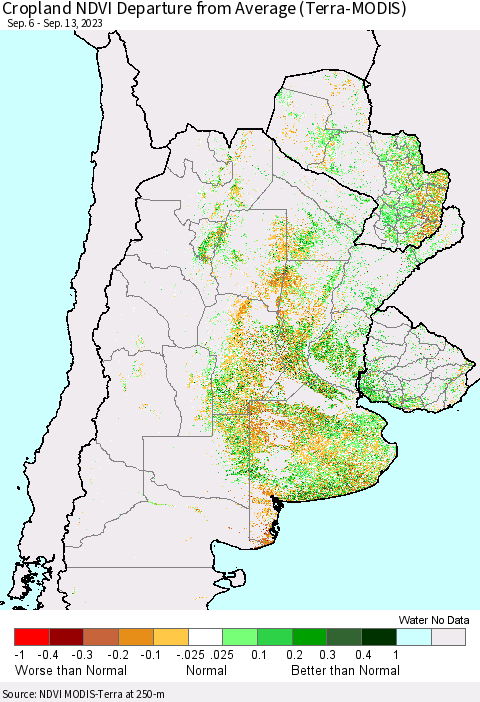 Southern South America Cropland NDVI Departure from Average (Terra-MODIS) Thematic Map For 9/6/2023 - 9/13/2023
