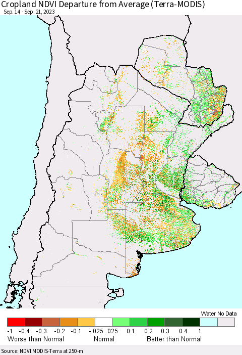 Southern South America Cropland NDVI Departure from Average (Terra-MODIS) Thematic Map For 9/14/2023 - 9/21/2023