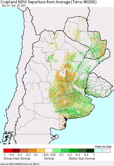 Southern South America Cropland NDVI Departure from Average (Terra-MODIS) Thematic Map For 9/22/2023 - 9/29/2023