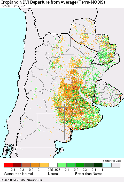 Southern South America Cropland NDVI Departure from Average (Terra-MODIS) Thematic Map For 9/30/2023 - 10/7/2023