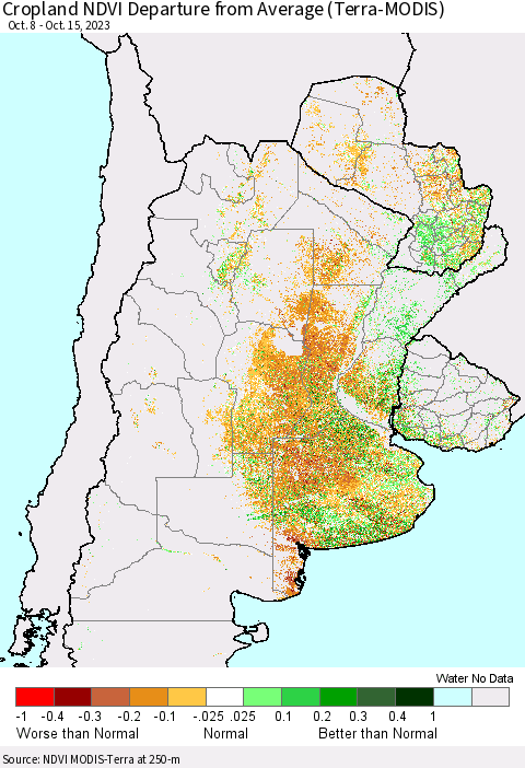 Southern South America Cropland NDVI Departure from Average (Terra-MODIS) Thematic Map For 10/8/2023 - 10/15/2023