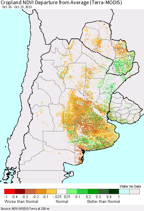 Southern South America Cropland NDVI Departure from Average (Terra-MODIS) Thematic Map For 10/16/2023 - 10/23/2023