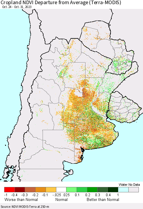 Southern South America Cropland NDVI Departure from Average (Terra-MODIS) Thematic Map For 10/24/2023 - 10/31/2023