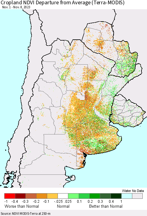 Southern South America Cropland NDVI Departure from Average (Terra-MODIS) Thematic Map For 11/1/2023 - 11/8/2023