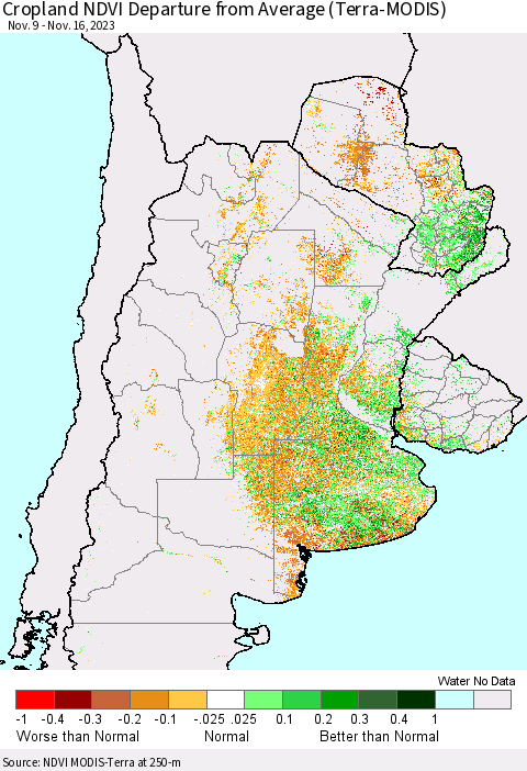 Southern South America Cropland NDVI Departure from Average (Terra-MODIS) Thematic Map For 11/9/2023 - 11/16/2023