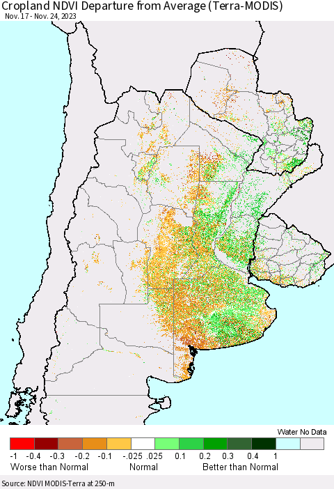 Southern South America Cropland NDVI Departure from Average (Terra-MODIS) Thematic Map For 11/17/2023 - 11/24/2023