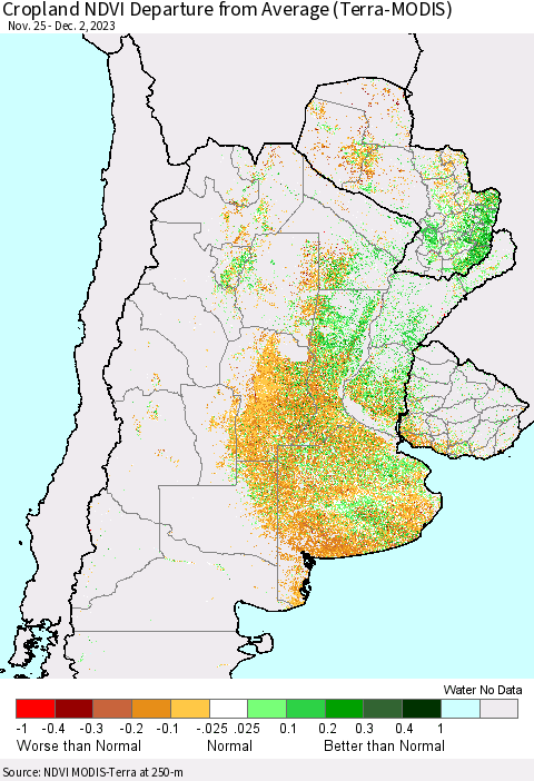 Southern South America Cropland NDVI Departure from Average (Terra-MODIS) Thematic Map For 11/25/2023 - 12/2/2023