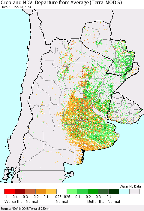 Southern South America Cropland NDVI Departure from Average (Terra-MODIS) Thematic Map For 12/3/2023 - 12/10/2023