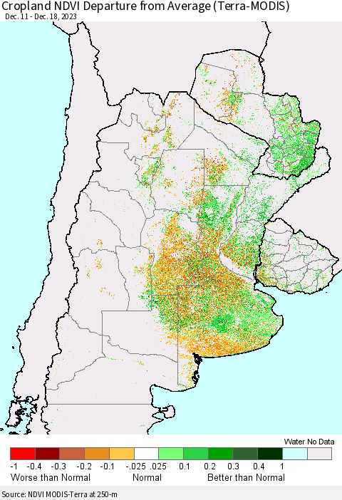 Southern South America Cropland NDVI Departure from Average (Terra-MODIS) Thematic Map For 12/11/2023 - 12/18/2023
