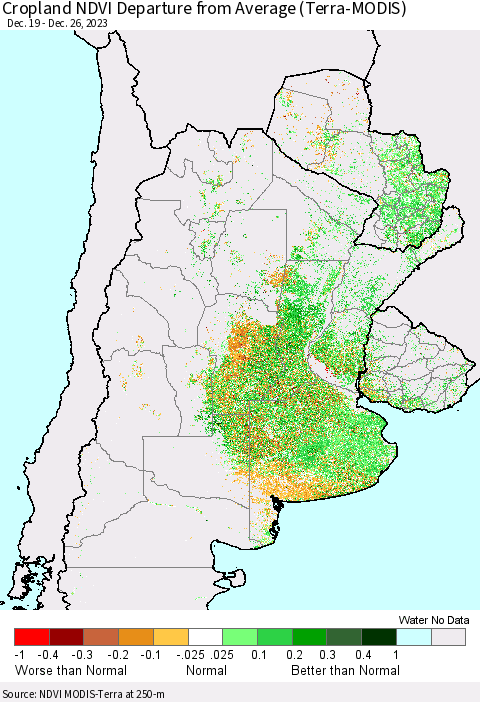 Southern South America Cropland NDVI Departure from Average (Terra-MODIS) Thematic Map For 12/19/2023 - 12/26/2023