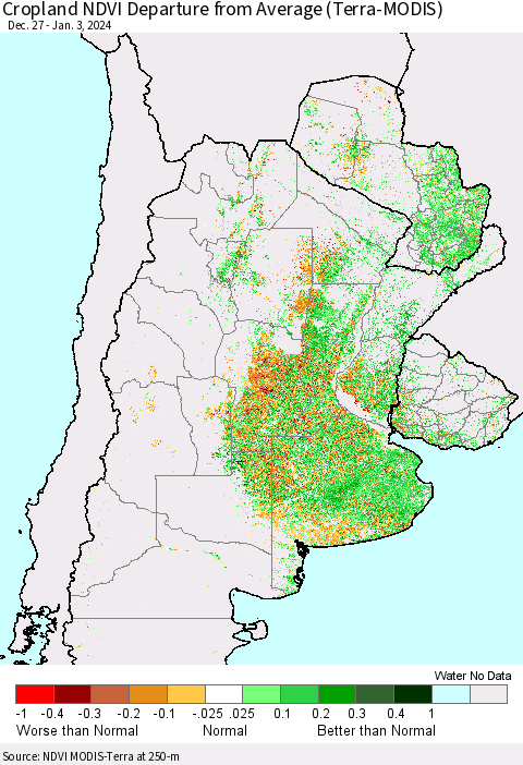Southern South America Cropland NDVI Departure from Average (Terra-MODIS) Thematic Map For 12/27/2023 - 1/3/2024