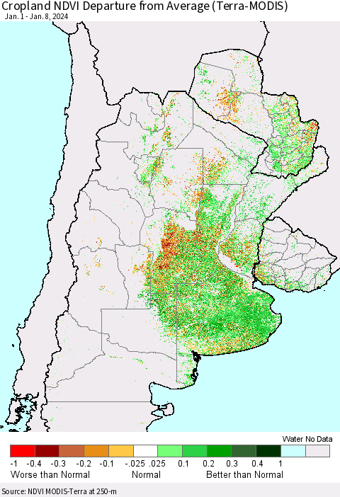 Southern South America Cropland NDVI Departure from Average (Terra-MODIS) Thematic Map For 1/1/2024 - 1/8/2024