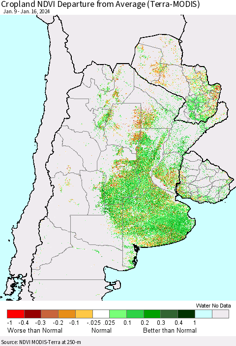 Southern South America Cropland NDVI Departure from Average (Terra-MODIS) Thematic Map For 1/9/2024 - 1/16/2024
