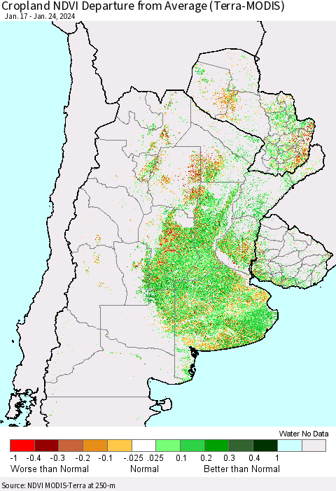 Southern South America Cropland NDVI Departure from Average (Terra-MODIS) Thematic Map For 1/17/2024 - 1/24/2024